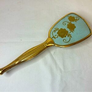 Vintage Vanity Hair Brush Turquoise Blue Color Gold Tone Roses Retro Hollywood.